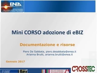 Mini CORSO adozione di eBIZ
Gennaio 2017
Documentazione e risorse
Piero De Sabbata, piero.desabbata@enea.it
Arianna Brutti, arianna.brutti@enea.it
 