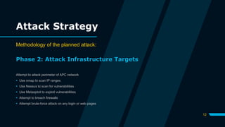 Attack Strategy
Methodology of the planned attack:
Phase 2: Attack Infrastructure Targets
Attempt to attack perimeter of APC network
 Use nmap to scan IP ranges
 Use Nessus to scan for vulnerabilities
 Use Metasploit to exploit vulnerabilities
 Attempt to breach firewalls
 Attempt brute-force attack on any login or web pages
12
 