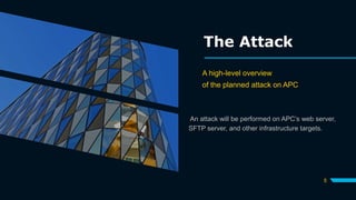 The Attack
A high-level overview
of the planned attack on APC
An attack will be performed on APC’s web server,
SFTP server, and other infrastructure targets.
5
 