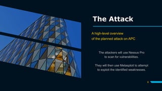 The Attack
A high-level overview
of the planned attack on APC
The attackers will use Nessus Pro
to scan for vulnerabilities.
They will then use Metasploit to attempt
to exploit the identified weaknesses.
6
 