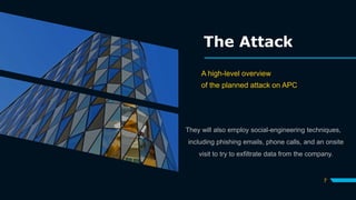 The Attack
A high-level overview
of the planned attack on APC
They will also employ social-engineering techniques,
including phishing emails, phone calls, and an onsite
visit to try to exfiltrate data from the company.
7
 