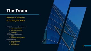 The Team
Members of the Team
Conducting the Attack
 APC Infrastructure Department
• Network Administrator
• Help Desk Technicians
• IT Manager
 APC Security Department
• CISO
• Information Security Officer
 Hippo Security
• Security Engineers
• Pen Tester
• Project Manager
9
 