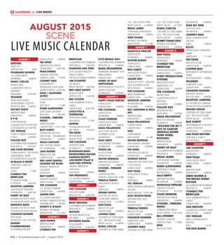 R36  | SceneNewspaper.com | August 2015
CALENDAR // LIVE MUSIC
AUGUST 1
SAVONA
DEJA VU
APPLETON	9PM
POUNDING FATHERS
141 SPEEDWAY
MARIBEL	4:00PM
SONIC CIRCUS
BEAR LAKE
CAMPGROUND &
RESORT
MANAWA	 9:30 PM
WILDSIDE
BOB AND JONIS
NORTHERN LIGHTS
WHITE LAKE	 9:30PM
HIS BOY ELROY
BRIDGE BAR
FREMONT	4:00PM
R P M
CENTENNIAL
COMMUNITY CENTER
STETSONVILLE	7:00 PM
VIC FERRARI
CHILI STREET DANCE
CHILI	8:30PM
FOLLOW SUIT
CLEARWATER HARBOR
WAUPACA	 9:30 PM
ASK YOUR MOTHER
CORN ROAST - ELLISON
MEMORIAL PARK
SCANDINAVIA	8:30 PM
IN BLACK N WHITE
CRYSTAL LAKE RV
RESORT
LODI	1-5:00
CONSULT THE
BRIEFCASE
CUDAHY PARK
CUDAHY	 4:00 PM
ROOFTOP JUMPERS
DOCKSIDE TAVERN
OSHKOSH	 8:00 PM
HURRY UP WAIT
DOOR COUNTY FAIR
STURGEON BAY	7:30 PM
SEPARATE WAYS
DOOR COUNTY FAIR
STURGEON BAY	9:00 PM
CRANKIN YANKEES
FAT JOES
FOND DU LAC	8:45 PM
DAPHNI
FLAMBEAURAMA
FLAMBEAURAMA
PARK FALLS	 5:00PM
TED EGGE
FRATELLOS DECK
OSHKOSH	 6:00 PM
FRAN STEENO
HEIDEL HOUSE
GREEN LAKE	 7-10:00
JOHNNY WAD
LAKEFRONT -
WEEKEND FOR KIDS
MANITOWOC	 8:30 PM
HAZE / SOUTHERN
GYPSY
LANGLADE COUNTY
FAIR
ANTIGO	7-11:00
RABID AARDVARKS
LEE LAKE TAVERN
POUND	 7:00 PM
COOKEE...TIMELESS
MUSIC
MACKINAWS
GREEN BAY	 7:30-11:00
BAD HABITZ
OSHKOSH MUSIC
FESTIVAL - PEABODYS
OSHKOSH	1:00PM
MOLLY HATCHET
PIG IN THE PINES
ST. GERMAIN	 9:00
JAKE WARNE
REGATTA 220
GREEN BAY	 6:00 PM
RED LIGHT SAINTS/
LEADING THE BLIND
SHORT BRANCH
SALOON
NEENAH	7:00PM
BAD HABITZ
SKINNY DAVES
MOUNTAIN	 9:00 PM
THE COUGARS
ST. AGNES PARISH
GREEN BAY	 6:00PM
ADAMS WAY
ST. JOHN SACRED
HEART PARISH PICNIC
SHERWOOD	 7:30 PM
ROSETTI & WIGLEY
WORLD OF BEER
APPLETON	9-12:00
AUGUST 2
JAKE WARNE
BRIDGE BAR
FREMONT	2:00PM
CONSULT THE
BRIEFCASE
CLEARWATER HARBOR
WAUPACA	 3:00 PM
DIAMOND AND STEEL
CZS GEANO BEACH
BAR & GRILL
LITTLE SUAMICO	3:00PM
JIM COUNTER
DUBLINS
WEST BEND	 3:00 PM
RED LIGHT SAINTS
FLAGSTONE
APPLETON	 5:30 PM
RED CLOVER
FOX HARBOR PUB &
GRILL
GREEN BAY	 6:00 PM
LITTLE VITO &
TORPEDOES
PHOENIX PARK
DELAVAN	3-5:00
DAPHNI
PLANK ROAD PUB
DE PERE	 5:30 PM
TED EGGE
RIVER RAIL
SHIOCTON	 3:00 PM
THE COUGARS
SHOOTS BAR
SUAMICO	 3:00 PM
BLUEGRASS BASH:
DEADHORSES/RACHEL
HANSON/SLOPPY
JOE/BURNT TOAST &
JAM/2ND STRINGS
SHORT BRANCH
SALOON
NEENAH	2:00PM
THE PRESIDENTS
ST. AGNES PARISH
GREEN BAY	 2:00 PM
AUGUST 3
THE COUGARS
JOSTEN PARK
BELLEVUE	 6:00 PM
AUGUST 4
BRAD EMANUEL
CLEARWATER HARBOR
WAUPACA	6;00PM
MIXTAPE
PLANK ROAD PUB
DE PERE	 6:00PM
REVEREND RAVEN
PULLMANS
APPLETON	 6:00 PM
AUGUST 5
KYLE MEGNA DUO
CLEARWATER HARBOR
WAUPACA	6:00PM
DANA ERLANDSON
FARMERS MARKET ON
BROADWAY
GREEN BAY	 3:00PM
HURRY UP WAIT
UNPLUGGED
WINNEBAGO COUNTY
EXPO CENTER
OSHKOSH	8:00PM
AUGUST 6
HAPPY HOUR HEROES
ANDUZZI’S
GREEN BAY	 9:30PM
THE COUGARS
ANDUZZI’S
HOWARD	7:00PM
CHAD DEMEUSE
ANDUZZI’S EAST
GREEN BAY	 7:00PM
DANA ERLANDSON
COTTON PATCH
SUPPER CLUB
SHAWANO	6:00PM
ZAKK ABITZ
DOCKSIDE TAVERN
OSHKOSH	6:00PM
TRAVIS LEE
FLAGSTONE
APPLETON	6:00PM
WAYNE NEWMAN
FRATELLOS DECK
OSHKOSH	6:00PM
COOKEE...TIMELESS
MUSIC
GOOSE BLIND
GREEN LAKE	8:30-12:00
TEQUILA TANGO
HOLIDAY’S PUB &
GRILL
NEENAH	7:00PM
GRAND UNION
LEICHT AT NITE
CONCERT SERIES
GREEN BAY	 6:15PM
DAN TULSA
REGATTA 220
GREEN BAY	 6:00PM
JOHNNY WAD
TAVERN AT THE PARK
LLC- WI STATE FAIR
WEST ALLIS	 6:30PM
SONIC CIRCUS
TAVERN AT THE PARK
LLC- WI STATE FAIR
WEST ALLIS	 12:30PM
BRIAN JAMES
THE BAR LYNNDALE
APPLETON	7:00PM
TEDD YOUNG
WORLD OF BEER
APPLETON	9-12:00
AUGUST 7
NASHVILLE PIPELINE
ANDUZZI’S
HOWARD	8:00PM
SPITFIRE RODEO
ANDUZZI’S
GREEN BAY	 8:00PM
BAD HABITZ
ANDUZZI’S EAST
GREEN BAY	 7:00PM
ADAMS WAY
AUGUST FEST - MOOSE
INN SUPPER CLUB
WAUTOMA	6:00PM
THE COUGARS
BEJA SHRINERS
GREEN BAY	 6:15PM
ROOFTOP JUMPERS
BOONDOCKS
MANAWA	9:30PM
RAY JAWORSKI & RICK
DEY
BRIDGE BAR
FREMONT	9:00PM
DANA ERLANDSON
CHEFUSION
GREEN BAY	 7:00PM
HITS
CIMARRON
MENASHA	9-1:00
WAYNE NEWMAN
DOCKSIDE TAVERN
OSHKOSH	6:00PM
TED EGGE
FRATELLOS DECK
OSHKOSH	6:00PM
WHISKEY DITCH
FRIDAYS ON THE FOX-
CITY DECK
GREEN BAY	 6:00PM
DAN TULSA
HOLIDAY’S PUB &
GRILL
NEENAH	7:00PM
VIC FERRARI
IRON RIDGE FIREMENS
PICNIC
IRON RIDGE	 9:30-1:00
ALEX WILSON BAND
MILWAUKEE ALE
HOUSE
MILWAUKEE	9:30PM
TEQUILA TANGO
REGATTA 220
GREEN BAY	 6:00PM
CRANKIN YANKEES
SARDINE CAN
GREEN BAY	 9:00PM
JOHNNY WAD
TAVERN AT THE PARK
LLC- WI STATE FAIR
WEST ALLIS	 8:15PM
SONIC CIRCUS
TAVERN AT THE PARK
LLC- WI STATE FAIR
WEST ALLIS	 3:30PM
BOBBY EVANS DUO
WORLD OF BEER
APPLETON	9:00PM
AUGUST 8
DAN TULSA
ANDUZZI’S
HOWARD	7:00PM
CONSULT THE
BRIEFCASE
ANDUZZI’S EAST
GREEN BAY	 7:00PM
EVENT PRODUCTION
SYSTEMS
BADGER STATE
BREWING CO.
GREEN BAY	 4:00PM
THE COUGARS
BEAR LAKE
CAMPGROUND &
RESORT
MANAWA	9:30PM
FOLLOW SUIT
BOONDOCKS
MANAWA	9:30PM
DANA ERLANDSON
BOTTLE ROOM
SUAMICO	7:00PM
“KICKING THE SH*T
OUT OF CANCER
(BUFFALO STOMP,
THIRD WHEEL,
BOXKAR)”
BRIDGE BAR
FREMONT	3:00PM
HURRY UP WAIT
CLEARWATER HARBOR
WAUPACA	9:30PM
BRIAN JAMES
DOCKSIDE TAVERN
OSHKOSH	6:00PM
RABID AARDVARKS
FIREMEN’S PARK
REESEVILLE	7:00PM
HALF EMPTY
FRANK’S PLACE
SEYMOUR	4:30PM
NASHVILLE PIPELINE
FRANK’S PLACE
SEYMOUR	8:15PM
CHAD DEMEUSE
FRATELLOS DECK
OSHKOSH	6:00PM
COOKEE...TIMELESS
MUSIC
GIBRALTAR GRILL
FISH CREEK	 7:30-10:30
BILL STEINERT
HEIDEL HOUSE
GREEN LAKE	 7-10:00
SPIN
HUSTLE INN
SEYMOUR	4:30PM
STAR SIX NINE
HUSTLE INN
SEYMOUR	9:00PM
JOHNNY WAD
KEIL COMMUNITY
PICNIC
KIEL	7:30PM
KOJO
PINELAND CAMPING
PARK
ARKDALE	7-11:00
TED EGGE
REGATTA 220
GREEN BAY	 6:00PM
COPPER BOX
RIVERFEST-RIVERSIDE
PARK
WATERTOWN	5:30PM
WILDSIDE
SARDINE CAN
GREEN BAY	 9:00PM
CRANKIN YANKEES
SKINNY DAVES
MOUNTAIN	9:00PM
ROOFTOP JUMPERS
ST. PATRICK’S PARISH
HORTONVILLE	8:00PM
GRAND UNION
TAVERN AT THE PARK
LLC- WI STATE FAIR
WEST ALLIS	 8:15PM
BAD HABITZ
WINNEBAGO COUNTY
EXPO CENTER
OSHKOSH	8:00PM
ASK YOUR MOTHER
WIR RACE PARTY
KAUKAUNA	7:00PM
AUGUST 9
JIM COUNTER
ANDUZZI’S
HOWARD	6:00PM
DAN TULSA
ANDUZZI’S EAST
GREEN BAY	 6:00PM
HITS
BRIDGE BAR
FREMONT	2:00PM
GREG WATERS &
THE BROAD STREET
BOOGIE
CLEARWATER HARBOR
WAUPACA	3:00PM
CONSULT THE
BRIEFCASE
FOX HARBOR PUB &
GRILL
GREEN BAY	 6:00PM
VAN WAYLON
GAMEDAY SPORTS BAR
APPLETON	4:00PM
VIC FERRARI
KIEL COMMUNITY
PICNIC
KIEL	3-6:30
THE RUG BURNS
AUGUST 2015
LIVE MUSIC CALENDAR
 