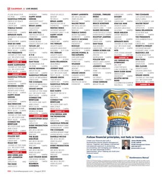 R38  | SceneNewspaper.com | August 2015
CALENDAR // LIVE MUSIC
PLANK ROAD PUB
DE PERE	 6:00PM
NASHVILLE PIPELINE
PRINCE OF PEACE
CHURCH
GREEN BAY	 2:00PM
TEQUILA TANGO
RIVER RAIL
SHIOCTON	3:00PM
SEPARATE WAYS
RIVERFEST-RIVERSIDE
PARK
WATERTOWN	6:00PM
STAR SIX NINE
TAVERN AT THE PARK
LLC- WI STATE FAIR
WEST ALLIS	 6:30PM
THE PRESIDENTS
TAVERN AT THE PARK
LLC- WI STATE FAIR
WEST ALLIS	 12:30PM
AUGUST 10
RABID AARDVARKS
TAVERN AT THE PARK
LLC- WI STATE FAIR
WEST ALLIS	 6:30PM
AUGUST 11
NASHVILLE PIPELINE
LEACH
AMPHITHEATRE
OSHKOSH	6:00PM
REVEREND RAVEN
MAJOR GOOLSBYS
HEARTLAND STAGE
WEST ALLIS	 6:00PM
HAPPY HOUR
HEROES
PULLMANS
APPLETON	6:00PM
BAD MEDICINE
TAVERN AT THE PARK
LLC- WI STATE FAIR
WEST ALLIS	 12:30PM
SONIC CIRCUS
TAVERN AT THE PARK
LLC- WI STATE FAIR
WEST ALLIS	 6:30PM
CONSULT THE
BRIEFCASE
WI STATE FAIR -SAZS
RIBS STAGE
WEST ALLIS	 6:00PM
AUGUST 12
FOLLOW SUIT
SARDINE CAN
GREEN BAY	 5:30PM
ROAD TRIP
TAVERN AT THE PARK
LLC- WI STATE FAIR
WEST ALLIS	 6:30PM
AUGUST 13
ERIN KREBS AND
JEFF JOHNSTON
DEJA VU
APPLETON	9PM
TED EGGE
ANDUZZI’S
HOWARD	7:00PM
HAPPY HOUR
HEROES
ANDUZZI’S EAST
GREEN BAY	 7:00PM
BRIAN JAMES
FLAGSTONE
APPLETON	6:00PM
BIG AND TALL
FRATELLOS DECK
OSHKOSH	6:00PM
TEDD YOUNG
GOOSE BLIND
GREEN LAKE	8:30-12:00
TAYLOR JAY
HOLIDAY’S PUB &
GRILL
NEENAH	7:00PM
R P M
HOUDINI PLAZA
APPLETON	5:30PM
DAN TULSA
PLANK ROAD PUB
DE PERE	 3:30PM
WAYNE NEWMAN
REGATTA 220
GREEN BAY	 6:00PM
NASHVILLE PIPELINE
TASTE OF BROADWAY
GREEN BAY	 5:00PM
THE COUGARS
TASTE OF BROADWAY
GREEN BAY	 7:00PM
GRAND UNION
TAVERN AT THE PARK
LLC- WI STATE FAIR
WEST ALLIS	 6:30PM
CONSULT THE
BRIEFCASE
WI STATE FAIR -SAZS
RIBS STAGE
WEST ALLIS	 6:00PM
DOUBLE DOWN
WORLD OF BEER
APPLETON	9:00PM
AUGUST 14
CHRISTOPHER GOLD
DEJA VU
APPLETON	9PM
EVENT PRODUCTION
SYSTEMS
BIG BULL BLUES -
FERN ISLAND
WAUSAU	10:00AM
THE BLUES
DISCIPLES
BIG BULL BLUES -
FERN ISLAND
WAUSAU	5:00PM
THE JIMMYS
BIG BULL BLUES -
FERN ISLAND
WAUSAU	9:00PM
ALEX WILSON BAND
DOCKSIDE TAVERN
OSHKOSH	7:00PM
BOURBON
COWBOYS
EDGE OF DELLS
RESORT
WI DELLS	 8:00PM
BRIAN JAMES
FRATELLOS DECK
OSHKOSH	6:00PM
REDFISH REMIX
OSTHOFF RESORT
ELKHART LAKE	7-11:00
HAPPY HOUR
HEROES
REGATTA 220
GREEN BAY	 6:00PM
VIC FERRARI
SHANTY DAYS-
LEGION GROUNDS
ALGOMA	8:15-12:00
VIC FERRARI
SHANTY DAYS-
LEGION GROUNDS
ALGOMA	8:15PM
DANA ERLANDSON
SKALIWAGS
ALGOMA	4:00PM
JOHNNY WAD
TAVERN AT THE PARK
LLC- WI STATE FAIR
WEST ALLIS	 8:15PM
GRAND UNION
THE WOODS
GREEN BAY	 9:30PM
NASHVILLE PIPELINE
THE WOODS
GREEN BAY	 11:30PM
BAD HABITZ
WAUPUN TRUCK N
SHOW
WAUPUN	9:00PM
CONSULT THE
BRIEFCASE
WI STATE FAIR -SAZS
RIBS STAGE
WEST ALLIS	 7:30PM
AUGUST 15
KYLE MEGNA AND
THE MONSOONS
DEJA VU
APPLETON	9PM
NASHVILLE PIPELINE
ASHWAUBOMAY PARK
ASHWAUBENON	11:30AM
THE COUGARS
ASHWAUBOMAY PARK
ASHWAUBENON	2:45PM
DANIELLE NICOLE
BIG BULL BLUES -
FERN ISLAND
WAUSAU	3:00PM
EVENT PRODUCTION
SYSTEMS
BIG BULL BLUES -
FERN ISLAND
WAUSAU	10:00AM
SELWYN
BIRCHWOOD
BIG BULL BLUES -
FERN ISLAND
WAUSAU	5:00PM
SONNY LANDRETH
BIG BULL BLUES -
FERN ISLAND
WAUSAU	7:00PM
WALTER TROUT
BIG BULL BLUES -
FERN ISLAND
WAUSAU	9:00PM
TEQUILA TANGO
BLIND SQUIRREL
SHAWANO	6:00PM
BACK N’ KICKING
BRIDGE BAR
FREMONT	4:00PM
BOXKAR
CLEARWATER HARBOR
WAUPACA	9:30PM
ARCHIE POWELL &
THE EXPORTS
DISCHER PARK
DANCE HALL
HORICON	9:00PM
WILDSIDE
EDGE OF DELLS
RESORT
WI DELLS	 8:00PM
GRAND UNION
FARMER GENE’S
MARION	9:00PM
JAKE WARNE
FRATELLOS DECK
OSHKOSH	6:00PM
COOKEE...TIMELESS
MUSIC
GIBRALTAR GRILL
FISH CREEK	 7:30-10:00
BRUCE KOESTNER
HEIDEL HOUSE
GREEN LAKE	 7-10:00
RAISED RECKLESS
HORTONVILLE LANES
HORTONVILLE	10:00PM
ROOFTOP JUMPERS
JIMMY SEAS
GREEN BAY	 9:00PM
DAN TULSA
MACKINAWS
GREEN BAY	 7:30-11:00
GREEN SCREEN KID
MILWAUKEE ALE
HOUSE
MILWAUKEE	9:30PM
FOLLOW SUIT
MOLE LAKE CASINO
CRANDON	9:00PM
JOHNNY WAD
NEWTON FIREMANS
PARK
NEWTON	8:30PM
HYDE
OUTPOST
SHERWOOD	9:00PM
CHAD DEMEUSE
REGATTA 220
GREEN BAY	 6:00PM
DOOZEY
SARDINE CAN
GREEN BAY	 9:00PM
STAR SIX NINE
SHANTY DAYS-
LEGION GROUNDS
ALGOMA	8:00PM
MILES NIELSON
SHORT BRANCH
SALOON
NEENAH	10:00PM
SEPARATE WAYS
TAVERN AT THE PARK
LLC- WI STATE FAIR
WEST ALLIS	 3:30PM
HITS
VON STEIHL WINERY
ALGOMA	1:30-5:00
AUGUST 16
VIC FERRARI W/
SYMPHONY
BIG TOP
CHAUTAUQUA
LAKE SUPERIOR	 7:30
DAVE OLSEN BAND
BRIDGE BAR
FREMONT	2:00PM
SCOTTIE MEYER
BAND
CLEARWATER HARBOR
WAUPACA	3:00PM
THE COUGARS
CZS GEANO BEACH
BAR & GRILL
LITTLE SUAMICO	 4:00
WALTER TROUT
EMMETT’S
APPLETON	8:30PM
DANA ERLANDSON
FOUR WAY BAR
SUAMICO	5:00PM
THE PRESIDENTS
FOX HARBOR PUB &
GRILL
GREEN BAY	 6:00PM
ROSETTI & WIGLEY
OSTHOFF RESORT
ELKHART LAKE	 2-6:00
BAZOOKA JOE
PLANK ROAD PUB
DE PERE	 5:30PM
DAN TULSA
RIVER RAIL
SHIOCTON	3:00PM
RED CLOVER
SHANTY DAYS-
LEGION GROUNDS
ALGOMA	12:30PM
GRAND UNION
TAVERN AT THE PARK
LLC- WI STATE FAIR
WEST ALLIS	 12:30PM
AUGUST 18
 