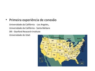 Primeira experiência de conexão   Universidade da  Califórnia  - Los Angeles,  Universidade da Califórnia - Santa Bárbara SRI - Stanford Research Institute  Universidade de  Utah  