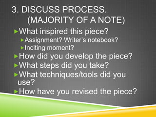 3. DISCUSS PROCESS.
(MAJORITY OF A NOTE)
What inspired this piece?
Assignment? Writer’s notebook?
Inciting moment?
How did you develop the piece?
What steps did you take?
What techniques/tools did you

use?
How have you revised the piece?

 