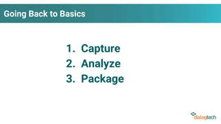 Going Back to Basics
1. Capture
2. Analyze
3. Package
 