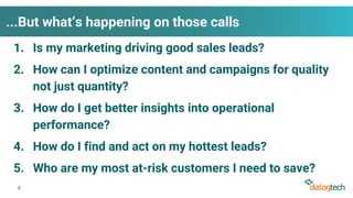 ...But what’s happening on those calls
1. Is my marketing driving good sales leads?
2. How can I optimize content and campaigns for quality
not just quantity?
3. How do I get better insights into operational
performance?
4. How do I find and act on my hottest leads?
5. Who are my most at-risk customers I need to save?
8
 