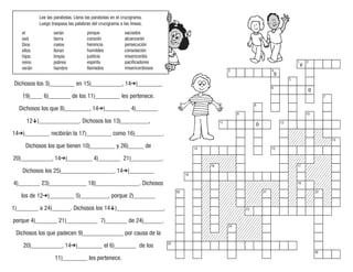 Dichosos los 3)________ en 15)__________, 14)________
19)____ 6)_______ de los 11)________ les pertenece.
Dichosos los que 8)________, 14)________ 4)_______
12)_____________. Dichosos los 13)_________,
14)________ recibirán la 17)________ como 16)_________.
Dichosos los que tienen 10)________ y 26)_____ de
20)__________, 14)________ 4)_______ 21)__________.
Dichosos los 25)_________________, 14)________
4)_______ 23)____________ 18)______________. Dichosos
los de 12)________ 5)_________, porque 2)_______
1)_______ a 24)______. Dichosos los 14)_______________,
porque 4)_______ 21)__________ 7)_______ de 24)______.
Dichosos los que padecen 9)_____________ por causa de la
20)__________, 14)________ el 6)_______ de los
11)________ les pertenece.
1 2
3 4
5
6
7
8
9 10
11 12
14 15
13
16 17
18
19
20 21 22
23
24
25
26
Lee las parabolas. Llena las parabolas en el crucigrama.
Luego traspasa las palabras del crucigrama a las lineas.
el
sed
Dios
ellos
hijos
reino
verán
serán
tierra
cielos
lloran
limpio
pobres
hambre
porque
corazón
herencia
humildes
justicia
espíritu
llamados
saciados
alcanzarán
persecución
consolación
misericordia
pacificadores
misericordiosos
v
s
o
o
 