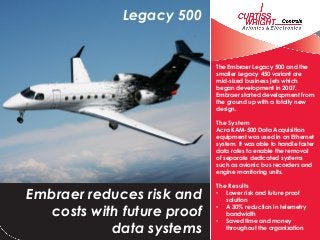 Legacy 500


                             The Embraer Legacy 500 and the
                             smaller Legacy 450 variant are
                             mid-sized business jets which
                             began development in 2007.
                             Embraer started development from
                             the ground up with a totally new
                             design.

                             The System
                             Acra KAM-500 Data Acquisition
                             equipment was used in an Ethernet
                             system. It was able to handle faster
                             data rates to enable the removal
                             of separate dedicated systems
                             such as avionic bus recorders and
                             engine monitoring units.

                             The Results
Embraer reduces risk and     •   Lower risk and future proof
                                 solution

   costs with future proof   •   A 30% reduction in telemetry
                                 bandwidth
                             •   Saved time and money
            data systems         throughout the organization
 