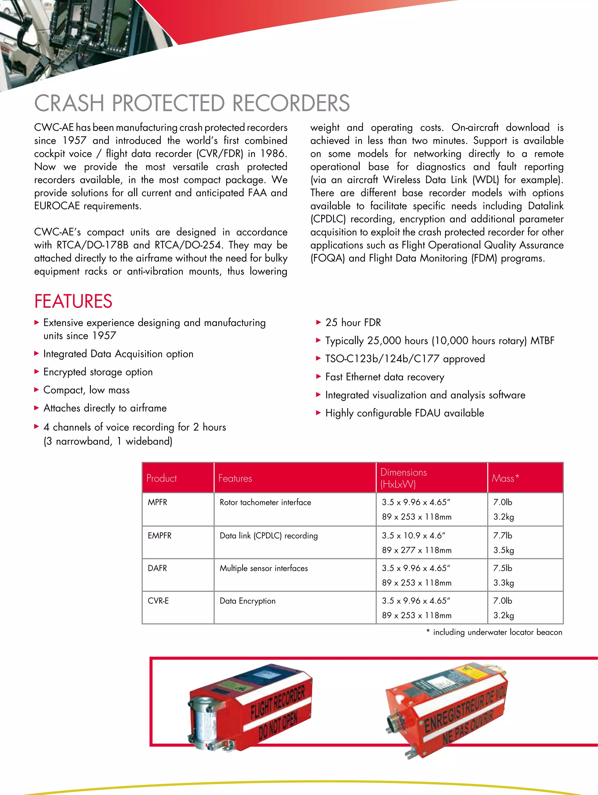 CRASH PROTECTED RECORDERS
CWC-AE has been manufacturing crash protected recorders                 weight and operating costs. On-aircraft download is
since 1957 and introduced the world’s first combined                    achieved in less than two minutes. Support is available
cockpit voice / flight data recorder (CVR/FDR) in 1986.                 on some models for networking directly to a remote
Now we provide the most versatile crash protected                       operational base for diagnostics and fault reporting
recorders available, in the most compact package. We                    (via an aircraft Wireless Data Link (WDL) for example).
provide solutions for all current and anticipated FAA and               There are different base recorder models with options
EUROCAE requirements.                                                   available to facilitate specific needs including Datalink
                                                                        (CPDLC) recording, encryption and additional parameter
CWC-AE’s compact units are designed in accordance                       acquisition to exploit the crash protected recorder for other
with RTCA/DO-178B and RTCA/DO-254. They may be                          applications such as Flight Operational Quality Assurance
attached directly to the airframe without the need for bulky            (FOQA) and Flight Data Monitoring (FDM) programs.
equipment racks or anti-vibration mounts, thus lowering


Features
  Extensive experience designing and manufacturing                         25 hour FDR
  units since 1957                                                         Typically 25,000 hours (10,000 hours rotary) MTBF
  Integrated Data Acquisition option                                       TSO-C123b/124b/C177 approved
  Encrypted storage option                                                 Fast Ethernet data recovery
  Compact, low mass                                                        Integrated visualization and analysis software
  Attaches directly to airframe                                            Highly configurable FDAU available
  4 channels of voice recording for 2 hours
  (3 narrowband, 1 wideband)


                                                                                        Dimensions
                          Product          Features                                                                  Mass*
                                                                                        (HxLxW)
                          MPFR             Rotor tachometer interface                    3.5 x 9.96 x 4.65”           7.0lb
                                                                                         89 x 253 x 118mm             3.2kg

                          EMPFR            Data link (CPDLC) recording                   3.5 x 10.9 x 4.6”            7.7lb
                                                                                         89 x 277 x 118mm             3.5kg

                          DAFR             Multiple sensor interfaces                    3.5 x 9.96 x 4.65”           7.5lb
                                                                                         89 x 253 x 118mm             3.3kg

                          CVR-E            Data Encryption                               3.5 x 9.96 x 4.65”           7.0lb
                                                                                         89 x 253 x 118mm             3.2kg

                                                                                                    * including underwater locator beacon
 