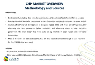 www.cogenworld.org
Methodology
▪ Desk research, including data collection; comparison and analysis of data from different sources
▪ Priority given to IEA data for consistency, as data from other sources do not cover the same period
▪ Analysis of CHP market development in the period 2011-2022, with focus on CHP fuel mix, CHP
electricity and heat generation (when available), and electricity share in total electricity
generation. The main report has more data on big markets in each region with additional
information.
▪ Most of the slides are 2021 data as the 2022 IEA data was not complete enough to use. However
for EU-27 2022 data were used.
Sources
- IEA, Eurostat, National Statistics Offices
- Other sources (COGEN Europe, Global Energy Monitor, Digest of UK Energy Statistics (DUKES)…)
CHP MARKET OVERVIEW
Methodology and Sources
 