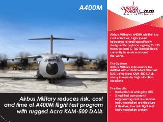 Airbus Military's A400M airlifter is a
cost effective, high-speed
turboprop aircraft specifically
designed to replace ageing C-130
Hercules and C-160 Transall fleets
currently in service around
the world.
The System
Airbus Military instruments the
A400M with a distributed Ethernet
DAS using Acra KAM-500 DAUs,
many in remote, high vibration
locations
The Results
• Reduction of wiring by 30%
• Simplified concurrent
engineering and re-useable
instrumentation architecture
• A flexible, low risk flight test
instrumentation system
Airbus Military reduces risk, cost
and time of A400M flight test program
with rugged Acra KAM-500 DAUs
A400M
 