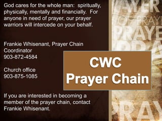 God cares for the whole man: spiritually,
physically, mentally and financially. For
anyone in need of prayer, our prayer
warriors will intercede on your behalf.


Frankie Whisenant, Prayer Chain
Coordinator
903-872-4584

Church office
903-875-1085


If you are interested in becoming a
member of the prayer chain, contact
Frankie Whisenant.
 