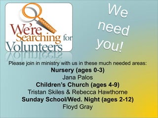 Please join in ministry with us in these much needed areas:
                Nursery (ages 0-3)
                    Jana Palos
          Children’s Church (ages 4-9)
       Tristan Skiles & Rebecca Hawthorne
     Sunday School/Wed. Night (ages 2-12)
                    Floyd Gray
 