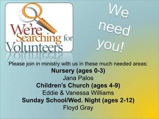 Please join in ministry with us in these much needed areas:
              Nursery (ages 0-3)
                  Jana Palos
         Children’s Church (ages 4-9)
          Eddie & Vanessa Williams
     Sunday School/Wed. Night (ages 2-12)
                  Floyd Gray
 