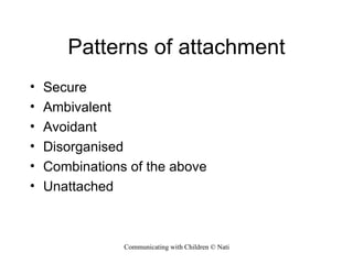 Patterns of attachment Secure Ambivalent Avoidant Disorganised Combinations of the above Unattached 