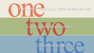 Local grantmaking expertiseLocal grantmaking expertise
Endowment building & Personalized serviceEndowment building & Personalized service
Community leadershipCommunity leadership
 