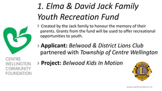 1. Elma & David Jack Family
Youth Recreation Fund
› Created by the Jack family to honour the memory of their
parents. Grants from the fund will be used to offer recreational
opportunities to youth.
› Applicant: Belwood & District Lions Club
partnered with Township of Centre Wellington
› Project: Belwood Kids In Motion
www.cwcfoundation.ca
 