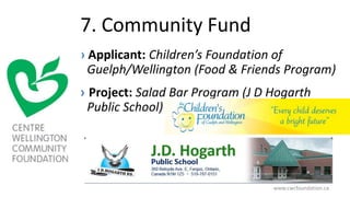 7. Community Fund
› Applicant: Children’s Foundation of
Guelph/Wellington (Food & Friends Program)
› Project: Salad Bar Program (J D Hogarth
Public School)
www.cwcfoundation.ca
 
