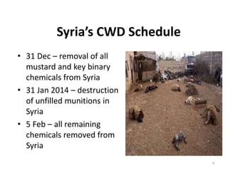 Syria’s CWD Schedule
• 31 Dec – removal of all
mustard and key binary
chemicals from Syria
• 31 Jan 2014 – destruction
of unfilled munitions in
Syria
• 5 Feb – all remaining
chemicals removed from
Syria
4
 