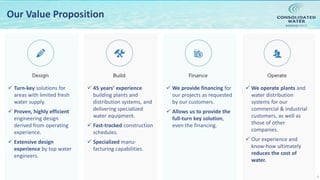 NASDAQ:CWCO
 We operate plants and
water distribution
systems for our
commercial & industrial
customers, as well as
those of other
companies.
 Our experience and
know-how ultimately
reduces the cost of
water.
 We provide financing for
our projects as requested
by our customers.
 Allows us to provide the
full-turn key solution,
even the financing.
 45 years’ experience
building plants and
distribution systems, and
delivering specialized
water equipment.
 Fast-tracked construction
schedules.
 Specialized manu-
facturing capabilities.
 Turn-key solutions for
areas with limited fresh
water supply.
 Proven, highly efficient
engineering design
derived from operating
experience.
 Extensive design
experience by top water
engineers.
Our Value Proposition
9
 