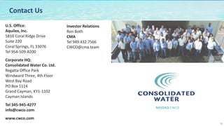 NASDAQ:CWCO
18
Contact Us
Investor Relations
Ron Both
CMA
Tel 949.432.7566
CWCO@cma.team
U.S. Office:
Aquilex, Inc.
5810 Coral Ridge Drive
Suite 220
Coral Springs, FL 33076
Tel 954-509-8200
Corporate HQ:
Consolidated Water Co. Ltd.
Regatta Office Park
Windward Three, 4th Floor
West Bay Road
PO Box 1114
Grand Cayman, KY1-1102
Cayman Islands
Tel 345-945-4277
info@cwco.com
www.cwco.com
NASDAQ:CWCO
 