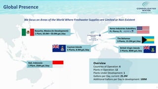 NASDAQ:CWCO
7
Global Presence
British Virgin Islands
2 Plants, 800K gal./day
The Bahamas
3 Plants, 15.2M gal./day
Aerex Industries Subsidiary
Ft. Pierce, FL
Cayman Islands
6 Plants, 8.9M gal./day
Bali, Indonesia
1 Plant, 250K gal./day
Rosarito, Mexico (In Development)
1 Plant, 50.0M + 50.0M gal./day
US Office
Coral Springs, FL
Overview
Countries of Operation: 6
Plants in Operation: 12
Plants Under Development: 1
Gallons per Day, current: 25.2M
Additional Gallons per Day in development: 100M
We focus on Areas of the World Where Freshwater Supplies are Limited or Non-Existent
 
