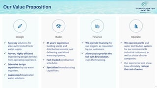 NASDAQ:CWCO
 We operate plants and
water distribution systems
for our commercial &
industrial customers, as
well as those of other
companies.
 Our experience and know-
how ultimately reduces
the cost of water.
 We provide financing for
our projects as requested
by our customers.
 Allows us to provide the
full-turn key solution,
even the financing.
 45 years’ experience
building plants and
distribution systems, and
delivering specialized
water equipment.
 Fast-tracked construction
schedules.
 Specialized manufacturing
capabilities.
 Turn-key solutions for
areas with limited fresh
water supply.
 Proven, highly efficient
engineering design derived
from operating experience.
 Extensive design
experience by top water
engineers.
 Guaranteed desalinated
water solutions.
Our Value Proposition
9
 