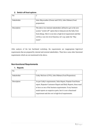 7 | P a g e
2. Switch off food options
No 2
Stakeholder Jules Mayweather (Owner and CEO), John Oldman (Food
preparation)
Description The above two internal stakeholders defined to get in the new
system “switch off” option that to help prevent the baby from
food allergy. But it is not also a high-level requirement and that
will be a very low-level function, let’s say under the “Buy
meals”.
After analysis of the last facilitated workshop, the requirements are inappropriate high-level
requirements that are prepared by internal and external stakeholders. There have some other functional
requirements which are not mentioned in the above.
Non-functional Requirements
1. Reports
No 1
Stakeholder Cathy McGraw (CFO), John Oldman (Food Preparation)
Description As per Cathy's requirements, Sales Report, Popular Food Items
report, Repeater Customers Report and Daily Reports, those need
to have as one of the business requirements. Every business
needs reports on respective parts, but it is not a functional
requirement and also not in high-level requirements.
 