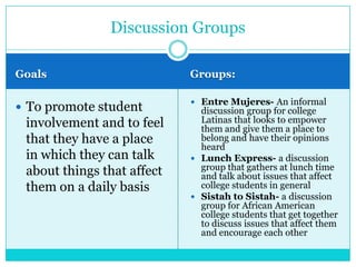 Discussion Groups

Goals                       Groups:

                             Entre Mujeres- An informal
 To promote student          discussion group for college
 involvement and to feel      Latinas that looks to empower
                              them and give them a place to
 that they have a place       belong and have their opinions
                              heard
 in which they can talk      Lunch Express- a discussion
                              group that gathers at lunch time
 about things that affect     and talk about issues that affect
 them on a daily basis        college students in general
                             Sistah to Sistah- a discussion
                              group for African American
                              college students that get together
                              to discuss issues that affect them
                              and encourage each other
 