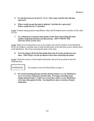 Session 4


    5.   See this line between 10 and 12. [Point.] How many activities does this line
         represent?

    6.   Where would you put the point to indicate 7 activities for a given day?
         Where would it be for 17 activities?

Leader: Continue asking questions using different values until all students answer correctly on four values
in a row.

    7.   Use a black pen or pencil to make points on the chart representing the total
         number of pleasant activities you did each day. DON'T DRAW THE
         CONNECTING LINES YET.

Leader: Make up seven data points to use as an example, and write the numbers on the blackboard.
Involve the students in deciding where to mark the data points on the chart that you have already drawn
on the blackboard. Draw lines connecting the points on the chart.

    8.   Now I'm going to check the data points that each of you has marked on your
         chart. Then I'll give you the go-ahead to draw lines connecting the points.

Leader: Check the accuracy of each student's data points, then give the go-ahead to draw the
connecting lines.


 WORKBOOK               Ask students to turn to the Mood Diary on page 1.1.


    9.   We started counting pleasant activities during Session 2, so you should have
         six or seven days of pleasant activities data. We began recording mood
         ratings during Session 1, which was several days earlier, so you should have
         a few more data points for this. You should have nine or ten days of mood
         rating data.




                                                   103
 