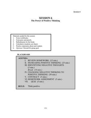 Session 6


                                     SESSION 6
                         The Power of Positive Thinking




Materials needed for this session:
1. Extra workbooks.
2. Extra pens and pencils.
3. Refreshments for the break.
4. Calculators (students can share).
5. Positive statements about each student.
6. Optional: Reward for group goal.


      BLACKBOARD

       AGENDA
           I. REVIEW HOMEWORK (15 min.)
           II. INCREASING POSITIVE THINKING (25 min.)
           III. IDENTIFYING NEGATIVE THOUGHTS
                (5 min.)
                Break (10 min.)
           IV. CHANGING NEGATIVE THINKING TO
                POSITIVE THINKING (50 min.)
           V. CONTRACT (5 min.)
           VI. HOMEWORK ASSIGNMENT (5 min.)
           VII. QUIZ (5 min.)

       RULE:         Think positive.




                                             131
 