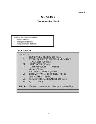 Section 8

                                     SESSION 9
                                 Communication, Part 1




Materials needed for this session:
1. Extra workbooks.
2. Extra pens and pencils.
3. Refreshments for the break.


      BLACKBOARD

        AGENDA
          I.    HOMEWORK REVIEW (15 min.)
          II.   TECHNIQUES FOR STOPPING NEGATIVE
                THOUGHTS (20 min.)
          III.   RESPONSES (10 min.)
          IV.    LISTENING, PART 1 (20 min.)
                Break (10 min.)
          V.    LISTENING, PART 2 (20 min.)
          VI.   JUDGMENTAL vs. UNDERSTANDING
                RESPONSES (10 min.)
          VII. HOMEWORK ASSIGNMENT (10 min.)
          VIII. QUIZ (5 min.)

        RULE:         Positive communication builds good relationships.




                                          177
 