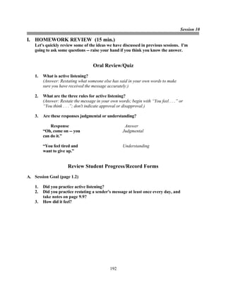 Session 10

I. HOMEWORK REVIEW (15 min.)
    Let's quickly review some of the ideas we have discussed in previous sessions. I'm
    going to ask some questions -- raise your hand if you think you know the answer.


                                    Oral Review/Quiz
    1.   What is active listening?
         (Answer: Restating what someone else has said in your own words to make
         sure you have received the message accurately.)

    2.   What are the three rules for active listening?
         (Answer: Restate the message in your own words; begin with “You feel . . .” or
         “You think . . .”; don't indicate approval or disapproval.)

    3.   Are these responses judgmental or understanding?

             Response                                 Answer
         “Oh, come on -- you                         Judgmental
         can do it.”

         “You feel tired and                         Understanding
         want to give up.”


                      Review Student Progress/Record Forms
A. Session Goal (page 1.2)

    1.   Did you practice active listening?
    2.   Did you practice restating a sender's message at least once every day, and
         take notes on page 9.9?
    3.   How did it feel?




                                              192
 