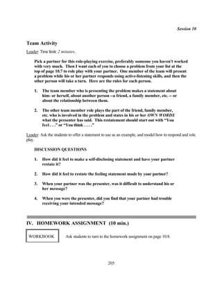Session 10


Team Activity
Leader: Time limit: 2 minutes.

    Pick a partner for this role-playing exercise, preferably someone you haven't worked
    with very much. Then I want each of you to choose a problem from your list at the
    top of page 10.7 to role play with your partner. One member of the team will present
    a problem while his or her partner responds using active-listening skills, and then the
    other person will take a turn. Here are the rules for each person.

    1.   The team member who is presenting the problem makes a statement about
         him- or herself, about another person --a friend, a family member, etc. -- or
         about the relationship between them.

    2.   The other team member role plays the part of the friend, family member,
         etc. who is involved in the problem and states in his or her OWN WORDS
         what the presenter has said. This restatement should start out with “You
         feel . . .” or “You think . . . .”

Leader: Ask the students to offer a statement to use as an example, and model how to respond and role
play.

    DISCUSSION QUESTIONS

    1.   How did it feel to make a self-disclosing statement and have your partner
         restate it?

    2.   How did it feel to restate the feeling statement made by your partner?

    3.   When your partner was the presenter, was it difficult to understand his or
         her message?

    4.   When you were the presenter, did you find that your partner had trouble
         receiving your intended message?



IV. HOMEWORK ASSIGNMENT (10 min.)

 WORKBOOK              Ask students to turn to the homework assignment on page 10.8.




                                                205
 