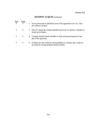 Session 12A

                      SESSION 12 QUIZ (continued)
True   False
 T      F      e. If one person fails to uphold the terms of the agreement even once, then
                  the contract is broken.

 T      F      f. Once it's signed, the contract should be put away in a drawer; it should not
                  be put up on display.

 T      F      g. Contracts should include reminders to help each person keep his or her
                  part of the agreement.

 T      F      h. Contracts are only useful for solving problems in a family; they would not
                  be useful for solving problems between friends.




                                        234
 