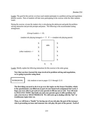 Session 13A

Leader: The goal for this activity is to have each student participate in a problem-solving and negotiation
practice session. Pairs of students will take turns participating in the exercise while the other students
watch.

During the exercise, sit near the student who is role-playing the adolescent and guide the problem-
solving interaction and provide prompts and praise. The following is the recommended seating
arrangement:

                         (Group Leader)---> GL

               (student role playing teenager)---> T P <---(student role playing parent)


                                         X                             X
                                                       table
                                         X                             X

            (other students)--->         X                             X

                                         X                             X

                                         X                             X

                                                   X           X

Leader: Briefly explain the following instructions for this exercise to the entire group.

     Now that you have learned the steps involved in problem solving and negotiation,
     we're going to practice using them.


 WORKBOOK                Ask students to turn to pages 12.11 through 12.15.


     The first thing you need to do is to go over the topics on the Issues Checklist, which
     is the questionnaire you filled out as part of your homework assignment last week; I
     hope you were able to get each of your parents to fill one out as well. You will need
     to PICK ONE TOPIC that both you and your parents agree is still a problem, but
     only a low-level or MILD PROBLEM. We will work up to dealing with the “hot” or
     troublesome topics later on.

     Then, we will form a “family” by having one of you role play the part of the teenager
     who is presenting an issue and someone else role play the part of the parent. Each of



                                                     235
 