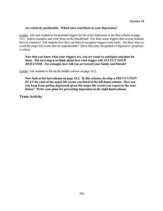 Session 16

    are relatively predictable. Which ones contribute to your depression?

Leader: Ask each student to list potential triggers for his or her depression in the first column on page
16.2. Solicit examples and write them on the blackboard. Are there some triggers that several students
have in common? Ask students how they can learn to recognize trigger events early. Are there ways to
avoid the major life events that are unpredictable? Stress that early recognition of depressive symptoms
is critical.

    Now that you know what your triggers are, you are ready to anticipate and plan for
    them. The next step is to think about how each trigger will AFFECT YOUR
    BEHAVIOR. For example, how will you act toward your family and friends?

Leader: Ask students to fill out the middle column on page 16.2.

    Now look at the last column on page 16.2. In this column, develop a PREVENTION
    PLAN for each of the major life events you listed in the left-hand column. How can
    you keep from getting depressed, given the major life events you expect in the near
    future? Write your plans for preventing depression in the right-hand column.

Team Activity




                                                  266
 