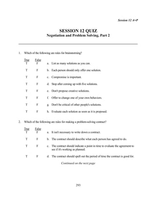 Session 12 A+P


                                    SESSION 12 QUIZ
                        Negotiation and Problem Solving, Part 2



1.   Which of the following are rules for brainstorming?

     True     False
      T        F         a. List as many solutions as you can.

      T        F         b. Each person should only offer one solution.

      T        F         c. Compromise is important.

      T        F         d. Stop after coming up with five solutions.

      T        F         e. Don't propose creative solutions.

      T        F         f. Offer to change one of your own behaviors.

      T        F         g. Don't be critical of other people's solutions.

      T        F         h. Evaluate each solution as soon as it is proposed.


2.   Which of the following are rules for making a problem-solving contract?

     True     False
      T        F         a. It isn't necessary to write down a contract.

      T        F         b. The contract should describe what each person has agreed to do.

      T        F         c. The contract should indicate a point in time to evaluate the agreement to
                            see if it's working as planned.

      T        F         d. The contract should spell out the period of time the contract is good for.

                                     Continued on the next page




                                                   293
 