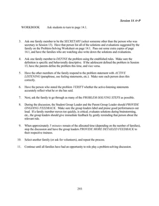 Session 14 A+P

   WORKBOOK              Ask students to turn to page 14.1.



 3.   Ask one family member to be the SECRETARY (select someone other than the person who was
      secretary in Session 13). Have that person list all of the solutions and evaluations suggested by the
      family on the Problem-Solving Worksheet on page 14.1. Pass out some extra copies of page
      14.1, and have the families who are watching also write down the solutions and evaluations.

 4.   Ask one family member to DEFINE the problem using the established rules. Make sure the
      definition is specific and behaviorally descriptive. If the adolescent defined the problem in Session
      13, have the parents define the problem this time, and vice versa.

 5.   Have the other members of the family respond to the problem statement with ACTIVE
      LISTENING (paraphrase, use feeling statements, etc.). Make sure each person does this
      correctly.

 6.   Have the person who stated the problem VERIFY whether the active-listening statements
      accurately reflect what he or she has said.

 7.   Next, ask the family to go through as many of the PROBLEM-SOLVING STEPS as possible.

 8.   During the discussion, the Student Group Leader and the Parent Group Leader should PROVIDE
      ONGOING FEEDBACK. Make sure the group leaders label and praise good performances out
      loud. If a family member moves too quickly, is critical, evaluates solutions during brainstorming,
      etc., the group leaders should give immediate feedback by gently reminding that person about the
      relevant rule.

 9.   When approximately 5 minutes remain of the allocated time (depending on the number of families),
      stop the discussion and have the group leaders PROVIDE MORE DETAILED FEEDBACK to
      their respective trainees.

10.   Select another family (or ask for volunteers), and repeat the process.

11.   Continue until all families have had an opportunity to role play a problem-solving discussion.




                                                    293
 