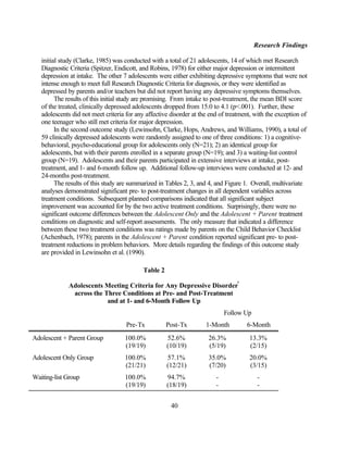 Research Findings

   initial study (Clarke, 1985) was conducted with a total of 21 adolescents, 14 of which met Research
   Diagnostic Criteria (Spitzer, Endicott, and Robins, 1978) for either major depression or intermittent
   depression at intake. The other 7 adolescents were either exhibiting depressive symptoms that were not
   intense enough to meet full Research Diagnostic Criteria for diagnosis, or they were identified as
   depressed by parents and/or teachers but did not report having any depressive symptoms themselves.
         The results of this initial study are promising. From intake to post-treatment, the mean BDI score
   of the treated, clinically depressed adolescents dropped from 15.0 to 4.1 (p<.001). Further, these
   adolescents did not meet criteria for any affective disorder at the end of treatment, with the exception of
   one teenager who still met criteria for major depression.
         In the second outcome study (Lewinsohn, Clarke, Hops, Andrews, and Williams, 1990), a total of
   59 clinically depressed adolescents were randomly assigned to one of three conditions: 1) a cognitive-
   behavioral, psycho-educational group for adolescents only (N=21); 2) an identical group for
   adolescents, but with their parents enrolled in a separate group (N=19); and 3) a waiting-list control
   group (N=19). Adolescents and their parents participated in extensive interviews at intake, post-
   treatment, and 1- and 6-month follow up. Additional follow-up interviews were conducted at 12- and
   24-months post-treatment.
         The results of this study are summarized in Tables 2, 3, and 4, and Figure 1. Overall, multivariate
   analyses demonstrated significant pre- to post-treatment changes in all dependent variables across
   treatment conditions. Subsequent planned comparisons indicated that all significant subject
   improvement was accounted for by the two active treatment conditions. Surprisingly, there were no
   significant outcome differences between the Adolescent Only and the Adolescent + Parent treatment
   conditions on diagnostic and self-report assessments. The only measure that indicated a difference
   between these two treatment conditions was ratings made by parents on the Child Behavior Checklist
   (Achenbach, 1978); parents in the Adolescent + Parent condition reported significant pre- to post-
   treatment reductions in problem behaviors. More details regarding the findings of this outcome study
   are provided in Lewinsohn et al. (1990).

                                            Table 2

             Adolescents Meeting Criteria for Any Depressive Disorder*
              across the Three Conditions at Pre- and Post-Treatment
                          and at 1- and 6-Month Follow Up
                                                                             Follow Up
                                     Pre-Tx           Post-Tx        1-Month         6-Month
Adolescent + Parent Group           100.0%            52.6%           26.3%           13.3%
                                    (19/19)           (10/19)         (5/19)          (2/15)
Adolescent Only Group               100.0%            57.1%           35.0%           20.0%
                                    (21/21)           (12/21)         (7/20)          (3/15)
Waiting-list Group                  100.0%            94.7%              -                -
                                    (19/19)           (18/19)            -                -


                                                       40
 
