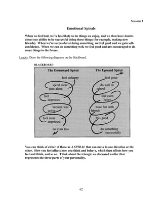 Session 1

                                     Emotional Spirals
    When we feel bad, we're less likely to do things we enjoy, and we then have doubts
    about our ability to be successful doing those things (for example, making new
    friends). When we're successful at doing something, we feel good and we gain self-
    confidence. When we can do something well, we feel good and are encouraged to do
    more things in the future.

Leader: Draw the following diagrams on the blackboard:




    You can think of either of these as A SPIRAL that can move in one direction or the
    other. How you feel affects how you think and behave, which then affects how you
    feel and think, and so on. Think about the triangle we discussed earlier that
    represents the three parts of your personality.




                                                62
 