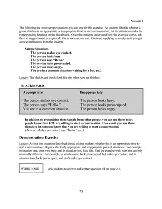 Session 2

The following are some sample situations you can use for this exercise. As students identify whether a
given situation is an appropriate or inappropriate time to start a conversation, list the situations under the
corresponding heading on the blackboard. Once the students understand how the exercise works, ask
them to suggest some examples; do this as soon as you can. Continue supplying examples until you get
some contributions from the students.

     Sample Situations
        The person makes eye contact.
        The person looks busy.
        The person says “Hello.”
        The person looks preoccupied.
        The person looks angry.
        You are in a common situation (waiting for a bus, etc.).

Leader: The blackboard should look like this when you are finished:

 BLACKBOARD

   Appropriate                                        Inappropriate

   The person makes eye contact.                      The person looks busy.
   The person says “Hello.”                           The person looks preoccupied.
   You are in a common situation.                     The person looks angry.

     In addition to recognizing these signals from other people, you can use them to let
     people know that YOU are willing to start a conversation. How could you use these
     signals to let someone know that you are willing to start a conversation?
     (Answer: Make eye contact, say “Hello,” etc.)

Demonstration Exercise
Leader: Act out the situations described above, asking students whether this is an appropriate time to
start a conversation. Begin with clearly appropriate and inappropriate pairs of situations. For example,
in situation one, look very busy, and in situation two, look idle. End the exercise with pairs that are only
minimally different. For example, in situation one, look preoccupied, but make eye contact; and in
situation two, look preoccupied, and don't make eye contact.


 WORKBOOK                Ask students to answer and correct question #1 on page 2.1.




                                                     73
 