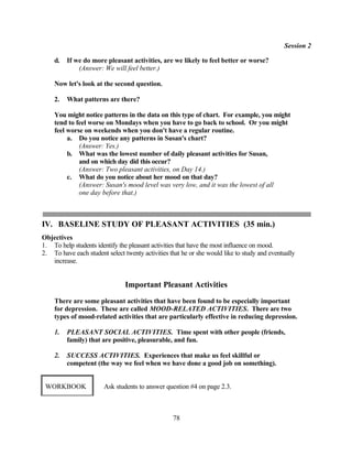 Session 2

    d.   If we do more pleasant activities, are we likely to feel better or worse?
             (Answer: We will feel better.)

    Now let's look at the second question.

    2.   What patterns are there?

    You might notice patterns in the data on this type of chart. For example, you might
    tend to feel worse on Mondays when you have to go back to school. Or you might
    feel worse on weekends when you don't have a regular routine.
         a. Do you notice any patterns in Susan's chart?
             (Answer: Yes.)
         b. What was the lowest number of daily pleasant activities for Susan,
             and on which day did this occur?
             (Answer: Two pleasant activities, on Day 14.)
         c. What do you notice about her mood on that day?
             (Answer: Susan's mood level was very low, and it was the lowest of all
             one day before that.)



IV. BASELINE STUDY OF PLEASANT ACTIVITIES (35 min.)
Objectives
1. To help students identify the pleasant activities that have the most influence on mood.
2. To have each student select twenty activities that he or she would like to study and eventually
   increase.


                                Important Pleasant Activities
    There are some pleasant activities that have been found to be especially important
    for depression. These are called MOOD-RELATED ACTIVITIES. There are two
    types of mood-related activities that are particularly effective in reducing depression.

    1.   PLEASANT SOCIAL ACTIVITIES. Time spent with other people (friends,
         family) that are positive, pleasurable, and fun.

    2.   SUCCESS ACTIVITIES. Experiences that make us feel skillful or
         competent (the way we feel when we have done a good job on something).


 WORKBOOK               Ask students to answer question #4 on page 2.3.



                                                  78
 
