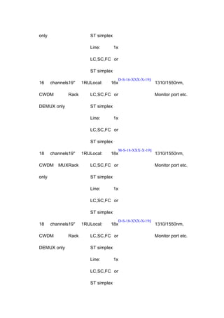 only

ST simplex
Line:

1x

LC,SC,FC or
ST simplex
16

channels19''

CWDM

Rack

DEMUX only

1RULocal:

16x

D-S-16-XXX-X-19§

LC,SC,FC or

1310/1550nm,
Monitor port etc.

ST simplex
Line:

1x

LC,SC,FC or
ST simplex
18

channels19''

CWDM

MUXRack

only

1RULocal:

18x

M-S-18-XXX-X-19§

LC,SC,FC or

1310/1550nm,
Monitor port etc.

ST simplex
Line:

1x

LC,SC,FC or
ST simplex
18

channels19''

CWDM
DEMUX only

Rack

1RULocal:

18x

LC,SC,FC or
ST simplex
Line:

1x

LC,SC,FC or
ST simplex

D-S-18-XXX-X-19§

1310/1550nm,
Monitor port etc.

 
