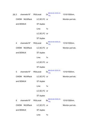 [A] 2

channels19''

CWDM

MUXRack

and DEMUX

1RULocal:

2x

MD-D-02-XXX-X19§

LC,SC,FC or

1310/1550nm,
Monitor port etc.

ST duplex
Line:

1x

LC,SC,FC or
ST duplex
4

channels19''

CWDM

MUXRack

and DEMUX

1RULocal:

4x

MD-D-04-XXX-X19§

LC,SC,FC or

1310/1550nm,
Monitor port etc.

ST duplex
Line:

1x

LC,SC,FC or
ST duplex
5

channels19''

CWDM

MUXRack

and DEMUX

1RULocal:

5x

MD-D-05-XXX-X19§

LC,SC,FC or

1310/1550nm,
Monitor port etc.

ST duplex
Line:

1x

LC,SC,FC or
ST duplex
8

channels19''

CWDM

MUXRack

and DEMUX

1RULocal:

8x

LC,SC,FC or
ST duplex
Line:

1x

MD-D-08-XXX-X19§

1310/1550nm,
Monitor port etc.

 