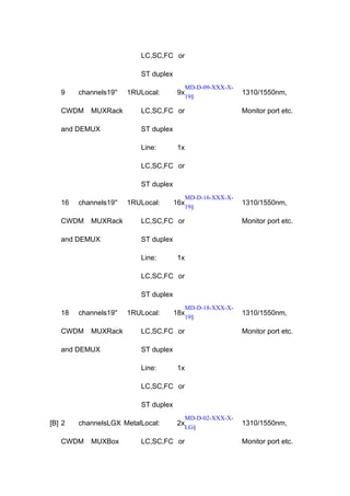 LC,SC,FC or
ST duplex
9

channels19''

CWDM

MUXRack

and DEMUX

1RULocal:

9x

MD-D-09-XXX-X19§

LC,SC,FC or

1310/1550nm,
Monitor port etc.

ST duplex
Line:

1x

LC,SC,FC or
ST duplex
16

channels19''

CWDM

MUXRack

and DEMUX

1RULocal:

16x

MD-D-16-XXX-X19§

LC,SC,FC or

1310/1550nm,
Monitor port etc.

ST duplex
Line:

1x

LC,SC,FC or
ST duplex
18

channels19''

CWDM

MUXRack

and DEMUX

1RULocal:

18x

MD-D-18-XXX-X19§

LC,SC,FC or

1310/1550nm,
Monitor port etc.

ST duplex
Line:

1x

LC,SC,FC or
ST duplex
[B] 2

channelsLGX MetalLocal:

CWDM

MUXBox

2x

LC,SC,FC or

MD-D-02-XXX-XLG§

1310/1550nm,
Monitor port etc.

 
