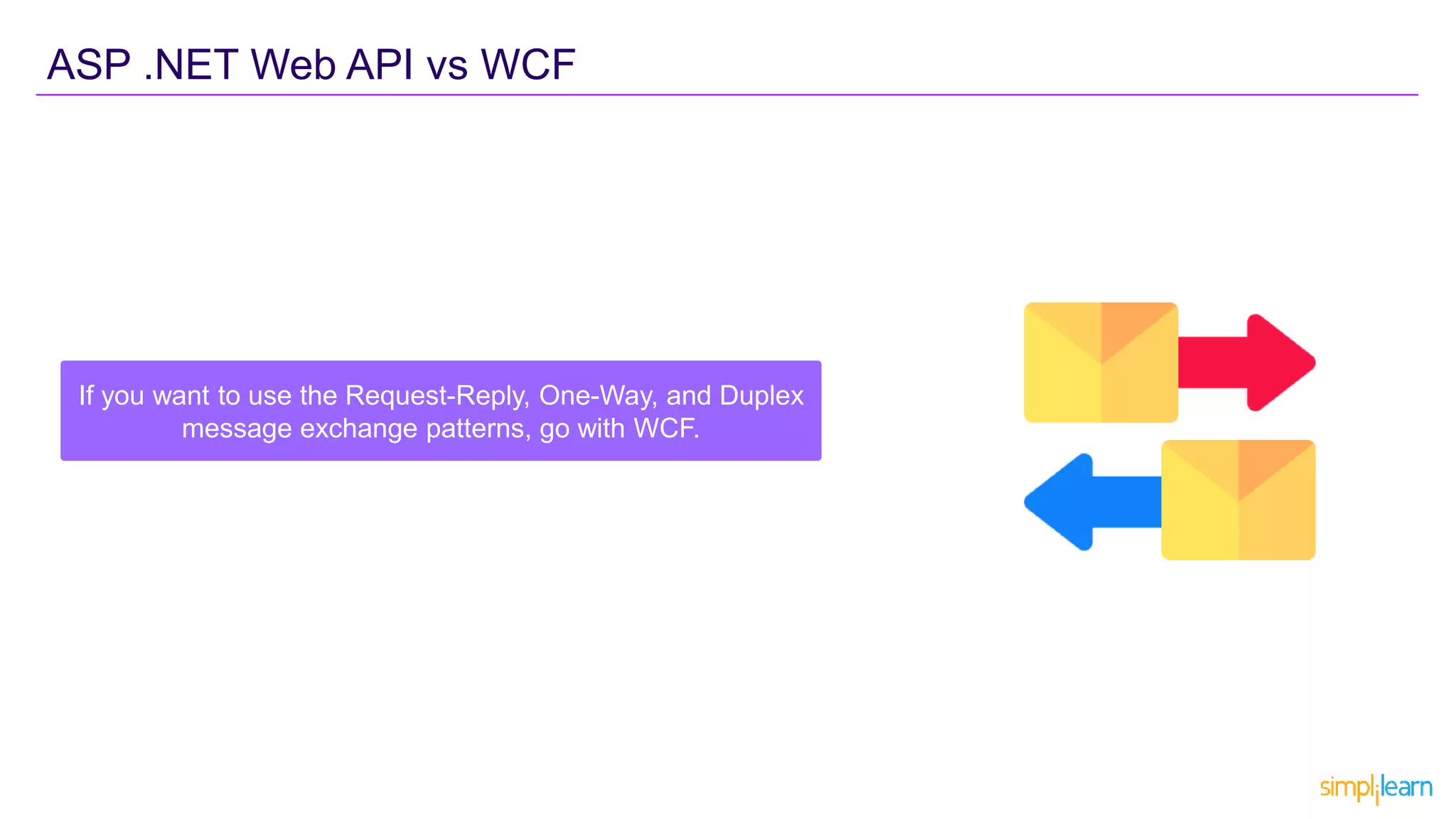 ASP .NET Web API vs WCF
If you want to use the Request-Reply, One-Way, and Duplex
message exchange patterns, go with WCF.
 