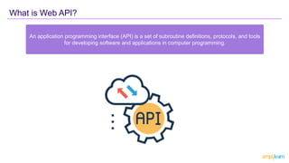 What is Web API?
An application programming interface (API) is a set of subroutine definitions, protocols, and tools
for developing software and applications in computer programming.
 